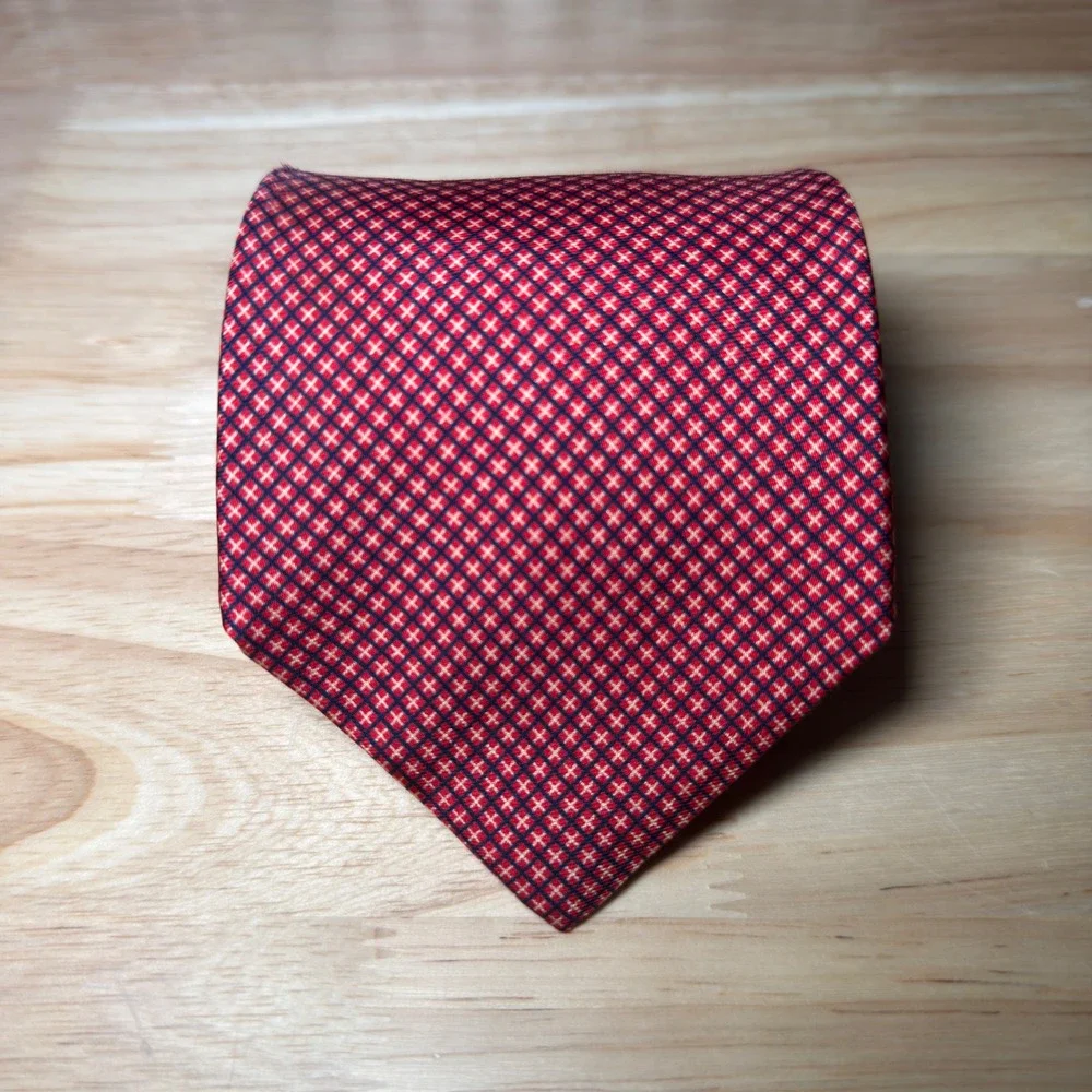 Brooks Brothers Necktie Mens OS Red Silk Geometric Grid Makers Made in USA Tie